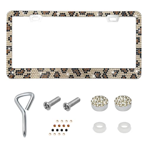 SHMZK Bling License Plate Frame Handcrafted Rhinestone License Plate Holder with Mounting Kit Sparking Diamond Stainless Steel License Plate Cover for Women Car Accessories (Leopard)