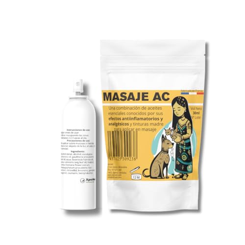 XproVet. Masaje AC. Una combinación de aceites Esenciales y tinturas Madre en Spray para aplicar en Masaje para Perros y Gatos. con Efectos ANTIINFLAMATORIOS y ANALGÉSICOS para Perros y Gatos.