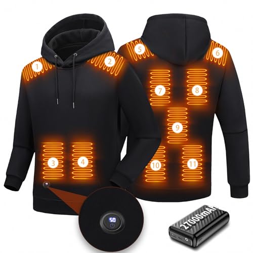 qoqidun Heated Hoodies for Women with Battery Pack 27000mAh 7.4V Fast Heating 3 Heat Settings Winter Thermal Hooded Sweatshirt for Men & Women Stay Warm Walking Hiking Pub or Football (L) Black