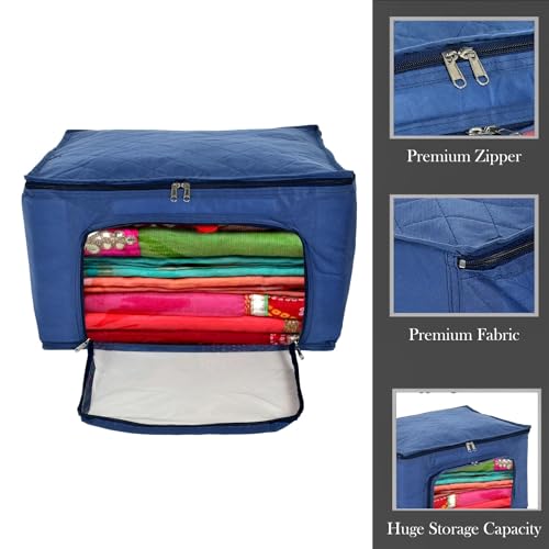 Image of Kuber Industries Clothes Organiser | Zipper Closure Storage Bag | Non-Woven Travel Storage Bag | Wardrobe Organizer With Transparent View | Blue, 24 x41 Cm