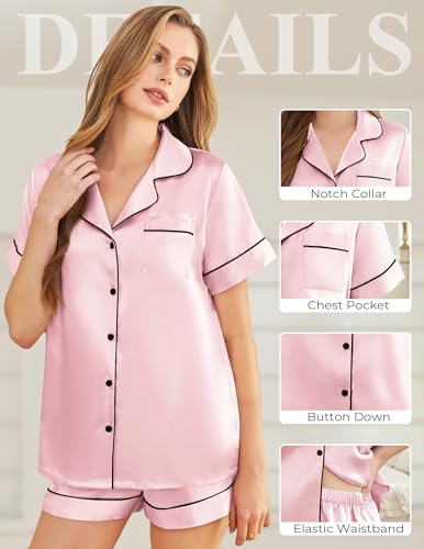Image of Silk Pajamas for Women Short Sleeve Sleepwear Soft Button Down Loungewear 2 Piece Satin Pjs Shorts Set S-XXL