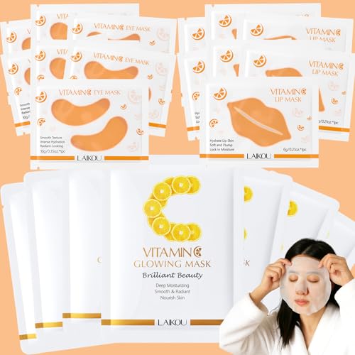 LAIKOU 21 Pezzi Maschera Viso e Patch Occhi, Maschera Viso Idratante Set + Maschera Labbra + Maschera per Gli Occhi al Collagene, per Idrata Anti-Età Ringiovanimento