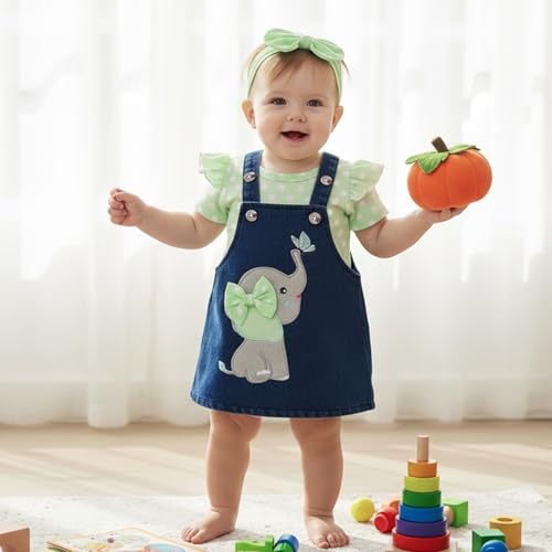 Image of Baby Girl Clothes Newborn Ruffle Romper Elephant Jeans Skirt 0-18M | Soft Romper, Adjustable Jean Skirt with Headband Elephant Butterfly Design, Snap Closure, Everyday Wear
