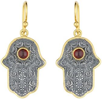 Hamsa, hand of Fatima, engraved dangle Earrings sterling silver with 24k gold rim and garnet stone