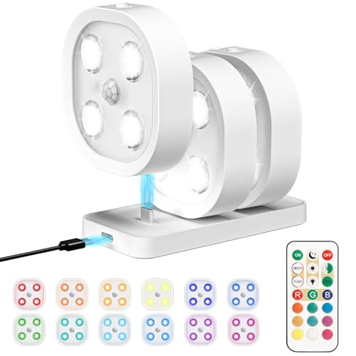 Image of 3PCS Motion Sensor Step Light, Rechargeable Puck Lights with Remote, Under Cabinet Lights with 3 Colors&RGB, Magnet Stick on Light for Closet, Hallway, Stairway, Bathroom, Bedroom, Kitchen