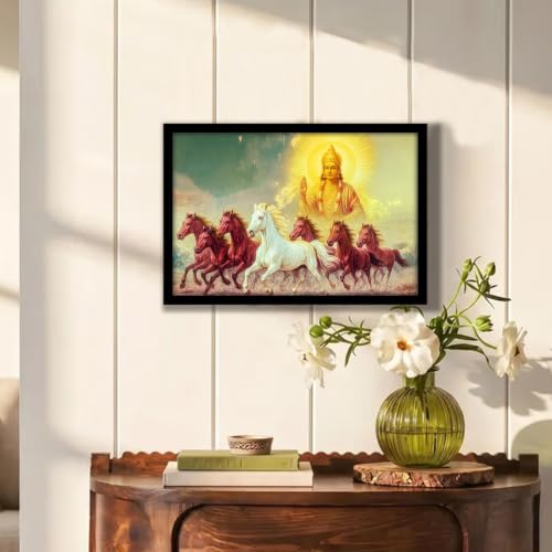 Image of PAINTINGMANRA Shurya Dev 7 Running Horses Framed Wall Art Painting For Living Room Seven Horse Vastu Feng Shui Poster with frame for Wall, Decoration item for bedroom, 10x13 Inch
