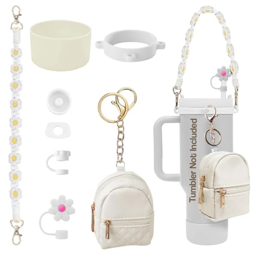 Image of House of Quirk 7 PCS Cup Accessories Set | Tumbler Accessories for 30oz & 40oz | Silicone Boot, Handle Strap, Coin Purse & Straw Covers (White Charms, Tumbler Not Included)