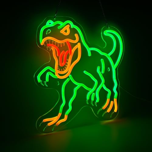 Image of Dinosaur Neon Wall Sign - Dimmable T-Rex LED Light for Jurassic Party, Boys Bedroom, Halloween Decor, Spooky Gift for Teens, 14.5x13.6 inch USB Powered