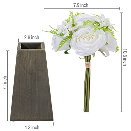 Mygift Decorative Artificial White Rose Bouquet Arrangement Fake Flowers For Decoration In Vintage Gray Brown Tapered Wood Vase #TOP4