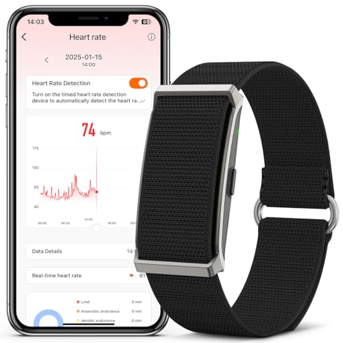 Smart health wristband displaying heart rate metrics on smartphone app, emphasizing fitness tracking features for health-conscious consumers.