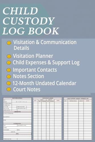 Child Custody Log Book: Record visitation schedules, communication, evidence, child expenses, support logs, court notes and important contacts. ... for flexible and stress-free planning.