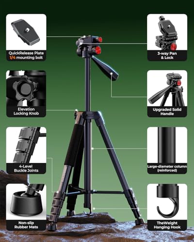 Image of CAMBOFOTO 72 inch Camera Tripod for DSLR and Cell Phone, Pan Head, Aluminum | Portable Tall Tripod Stand with Phone Holder &Quick Release Plate, Compatible with Canon iPhone for Live Video Vlog Recording