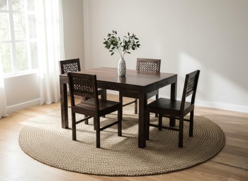 Image of RECTART Solid Wood Dining Table Set with Chairs for Living Room Home | Wooden Dining Room Sets Furniture for Hotels and Restaurants | (CNC-Top-W, 4 Seater)