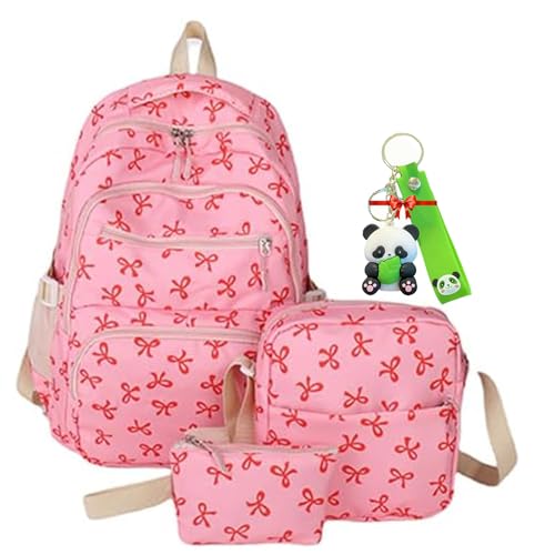 Coquette Bow Backpack For Girls,Nylon Cute Kawaii Backpack with Bows,Preppy Backpacks For Girls,Large Capacity 3Pcs (Rose Red)
