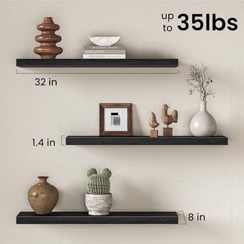 Image of Fun Memories 32Inch Floating Shelves for Wall, 8 Inch Deep Shelves for Bathroom|Bedroom|Kitchen Wall Mounted, Wood Hanging Shelf with Invisible Brackets for Home Storage Decor, Black - 3 Pack
