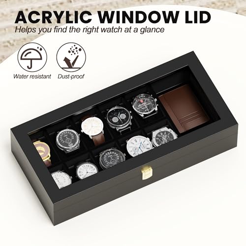 Image of Watch Box Organizer for Men, 10 Slot Watch Display Case With Glass Lid, Wooden Watch Storage Mens Watch Case, Watch Holder Organizer for Men Women -10 Slot, Black
