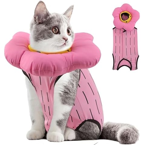 EMUST Cat Recovery Suit and Cat Cone Collar Set, Cute Cat Surgical Suit for Abdominal Wounds, Soft & Adjustable Flower Cat Cone Collar, Cat Cones After Surgery for Female Kittens Under 4lb(Pink, S) Cover