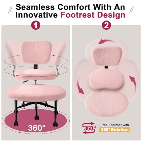 Image of VITESSE Cross-Legged Ergonomic Chair 360 Swivel with Wheels, Adjustable Meditation Seat for ADHD, Lumbar Support, Teddy Fabric Home Office Chair,Pink