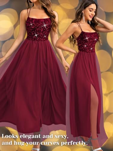 Image of ShawGobow Tulle Prom Dress with Slit,Sequin Backless Long Flowy Dresses for Women,Sexy Sparkly Outfits Homecoming Wedding