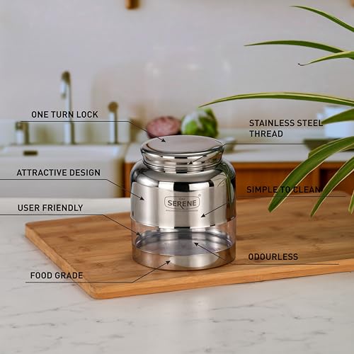 Image of Serene Stainless Steel Exotic See-Through Jar | Airtight Jars for Kitchen Storage | Premium Steel Jars with One Turn Lock Lid | Transparent Stainless Steel Containers | 1000ML each | 2 PC