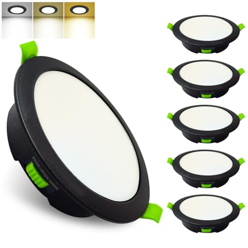 Sweier IP44 Downlight LED Techo Empotrable 7W 600LM Regulables 3000K/4500K/6000K con Brillo de 10%-100%, Negro Focos LED Baño AC220-240V, Orificio 95-100mm Pack 6