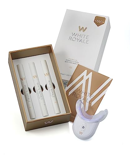 New White Royale Premium Perfection Kit, User Friendly Smart LED Mouthpiece and 3 Whitening pens with 9% HPS Whitening Gel, 30-45 Uses, Made in Netherlands