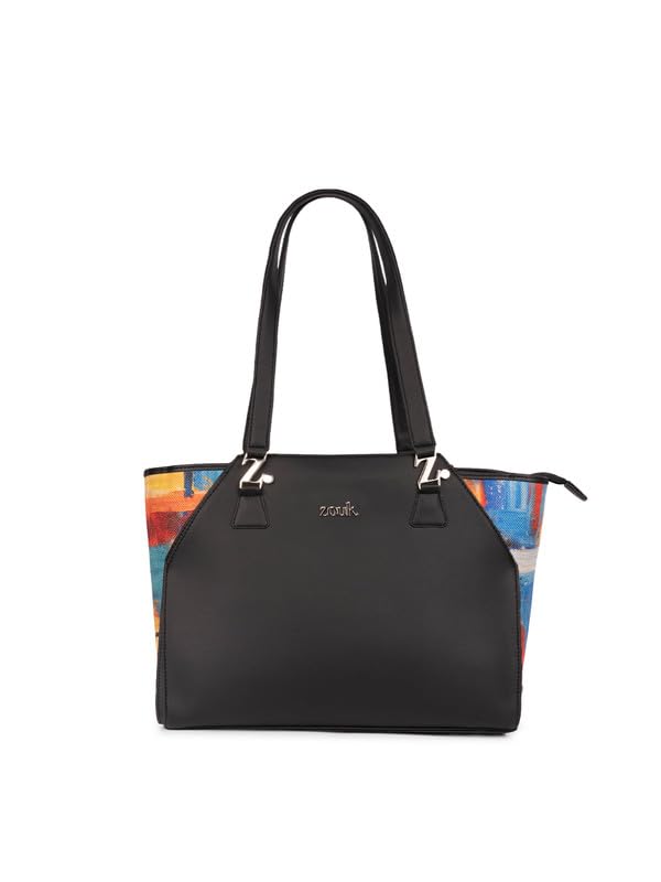 Image of ZOUK Printed Jute Handcrafted Vegan Leather Black Women's Check-point Friendly Classic Business Bag