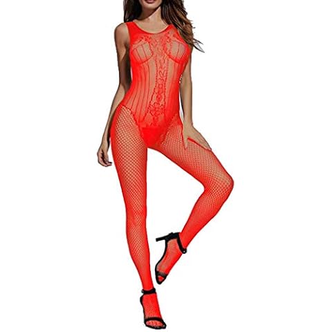 Czizi Ladies Sexy Lingerie Mesh Sheer Lace Bodysuit Pajamas (Red) Cover