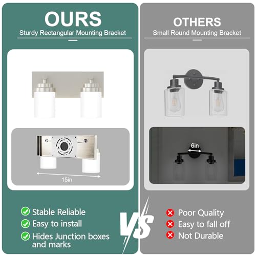 Image of IZORRO Bathroom Vanity Light Fixture, 2-Light 15 Inch Brushed Nickel Bathroom Light Fixtures Over Mirror, with White Glass Shade, Modern Farmhouse Vanity Lights, Rustic Restroom Lighting Fixtures