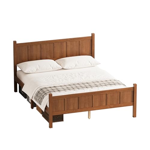 Image of Queen Size Vintage Bed Frame with Headboard, Farmhouse Wooden Platform Bed with Under-Bed Storage, Minimalist Modern Wood Grain Finish Bedframe for Bedroom (Light Walnut)
