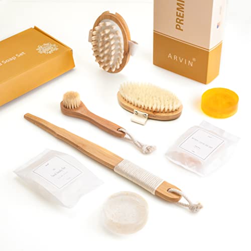 All Natural Soap and Dry Brushing Body Brush Gift Set for Lymphatic Drainage | Boar Bristle | Exfoliating Shower Brush, Facial Cleansing Brush, Massager Brush Cellulite | Gold Beauty Bar, Loofah Soap