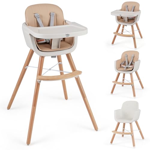BABY JOY Baby High Chair, 3-in-1 Convertible Wooden Highchair for Babies &amp; Toddlers, Infant Feeding Chair w/ 5-Point Safety Harness, Footrest, Adjustable Legs, Removable Tray &amp; PU Cushion (Brown)