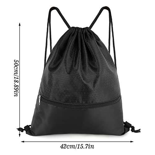 Image of Drawstring Backpack Bag, Waterproof Draw String Back Sack with Zip Pocket, Gym Drawstring Bags Swim Bag for Men Women