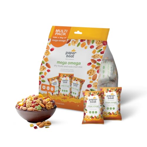 Image of Paper Boat Mega Omega Dry Fruits Mix, Premium Trail Mix with Omega 3 | Healthy Mixed Nuts with Almonds | Walnuts | Cranberry | Pumpkin Seeds (Pack of 10, 30g each)