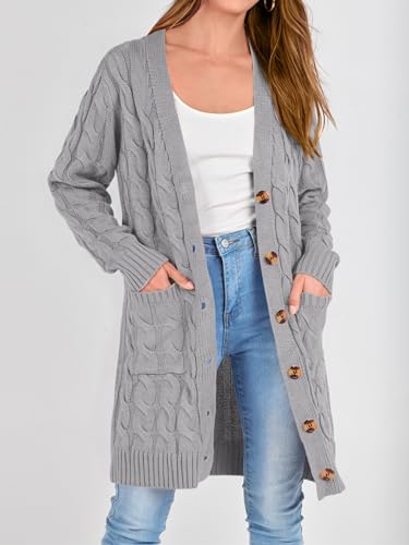 Image of PRETTYGARDEN Long Sleeve Cable Knit Long Cardigan for Women 2026 Spring Winter Chunky Open Front Button Sweaters with Pockets