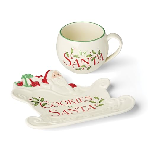 Lenox Serveware, Holiday Cookies & Milk for Santa 2-Piece Set, Service for 1, 11 Oz Cup, Porcelain, Dishwasher Safe, Christmas Cookie Plate & Coffee Mug, Christmas Decor, Santa Sleigh Design (2 Piece)