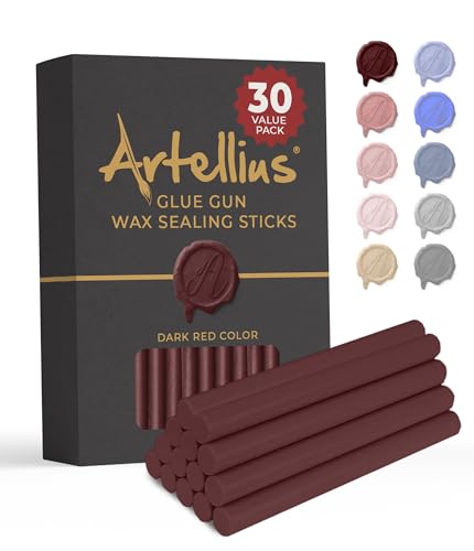 Artellius Sealing Wax Sticks - Dark Red 30-Pack - Odorless Flexible Resin for Wax Seal Stamps - Colored Hot Glue Sticks Fits Standard Glue Guns & Warmers