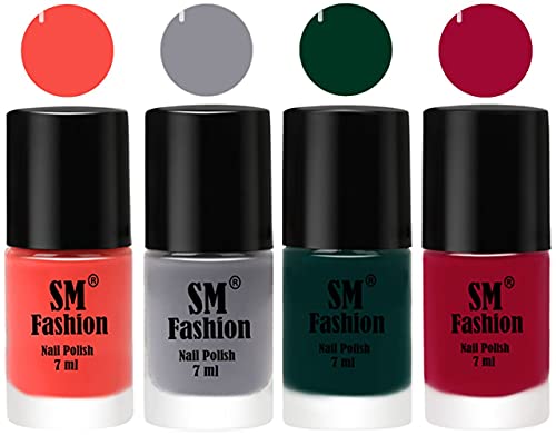 Image of Nail Polish Combo Set (Pack of 4) Quick Dry Gel Finish Nail Paint | Coral,Gray,Dark Green,Pure Wine | 7 ml Each