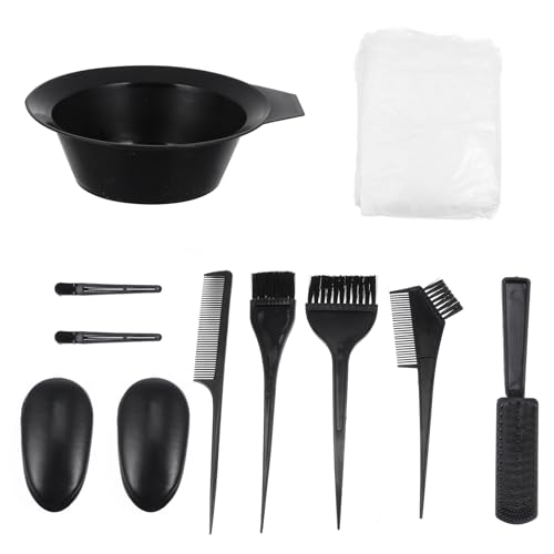 Housoutil 11 Pieces Hair Dye Tools Set, Black DIY Salon Hair Coloring Bleaching Tools Set including Hair Tinting Bowl, Dye Brush, Ear Cover, Cape, Shawl, Gloves, Hair Clip Kits