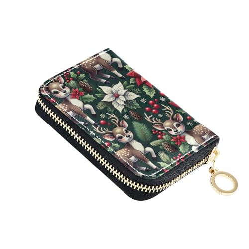 Card Holder Wallets RFID Blocking Wallet Women Leather Small Coin Purse Pouch with Zipper Cute Reindeer Floral