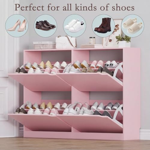 Image of BORNOON Shoe Cabinet with 4 Flip Drawers, Narrow Hidden Shoe Storage Cabinet, Slim Freestanding Shoe Rack Organizer for Entryway, Hallway, Bedroom, Living Room