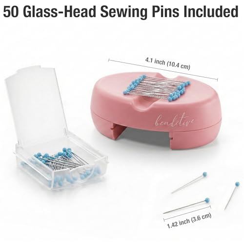 Image of Beaditive Magnetic Pin Cushion with Drawer - Strong Magnet Pin Holder Cushions for Sewing - 50 Glass Head Quilting Pins Included - Chic Pincushion Caddy for Sewing Pins, Paper Clips, Screws - Pink