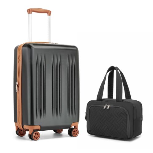 Image of Kono Carry On Luggage Sets 2 Piece, 20 Inch Expandable Hardshell Suitcase | 22x14x9 Airline Approved with Toiletry Bag, Lightweight PC+ABS, Spinner Wheels, TSA Lock, for 1-3 Days Trips, Black & Brown