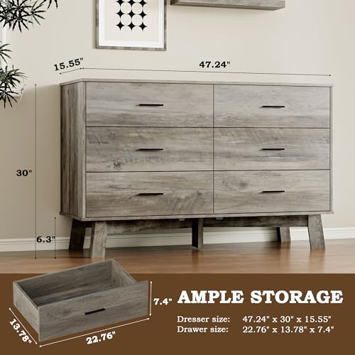 Image of BORNOON Dresser for Bedroom with 6-Drawer, 47.2 inch Modern Chest of Drawers with Metal Handles, X-Shape Base & Adjustable Center Leg, Anti-Tip Closet Organizers and Storage