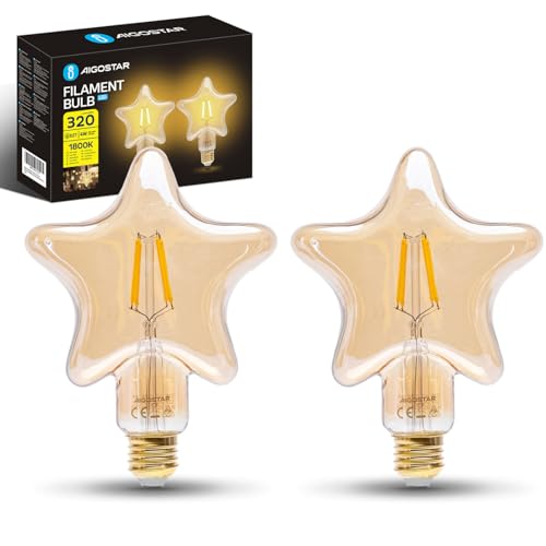 Aigostar - Lampadina LED E27 4W, Luce Calda 1800K, 320 Lumen, Decorativa: Stella, Lampadina Vintage Tipo Edison Con Filamento, Colore Ambrato, Non dimmerabile, Confezione da 2 Pezzi