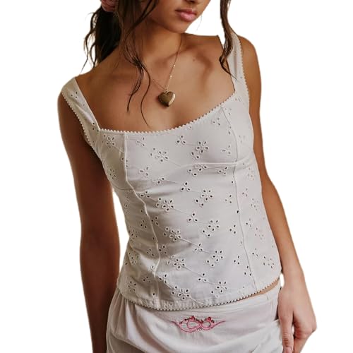 Full Bloom Eyelet Cami Y2k Sleeveless Scoop Neck Tank Top Summer Wide Strap Slim Fit Going Out Crop Tops(White,S)