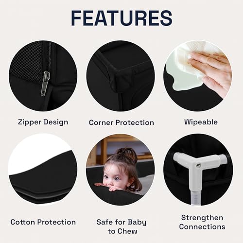 Image of Baybee Neo Kids Playpen for Babies | Baby Activity Playards with Zipper Lock & Corner Protection | Baby Play Area Indoor Setup with Hexagon shape for Extra Space | Outdoor Play Pen for Baby up to 5 Years (Black)