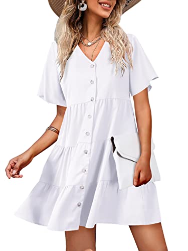 Amoretu Women Dresses V Neck Button Down Swing Short/Long Sleeve Tunic Dress (XX-Large, Rose)