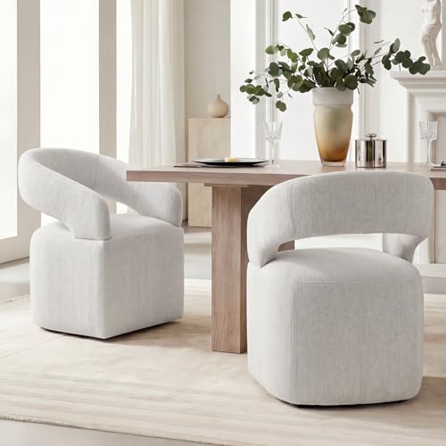 Image of KISLOT Upholstered Dining Chairs Set of 2, Modern Arm Kitchen & Dining Room Chairs with Hidden Casters, Linen Fabric Padded Rolling Chairs, Sturdy Wood Frame, 300 lbs Capacity, Light Linen