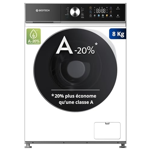 GEDTECH Lave-linge frontal GLLPS81400WH - 8 Kg - 1200 tr/mn - 16 programmes - Eco - Intensif - Rapide – Très Faible conso - Panneau commande LED couleur